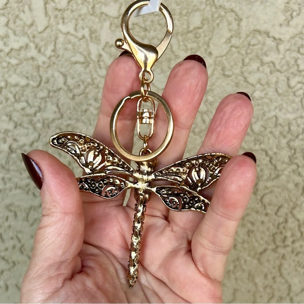 Whimsical Yellow Embellished Dragonfly Keychain
